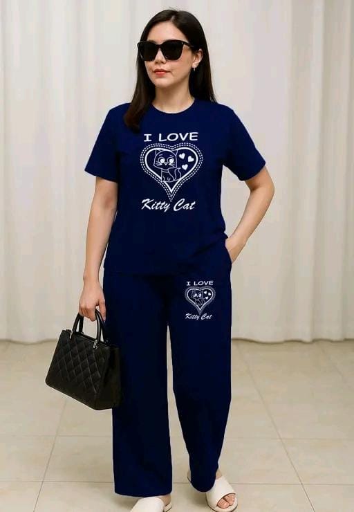 Women’s Casual Black Co-ord Set – “I Love Kitty Cat” Print