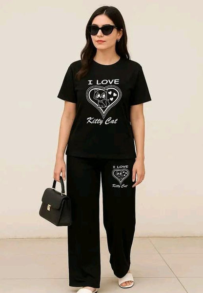 Women’s Casual Black Co-ord Set – “I Love Kitty Cat” Print