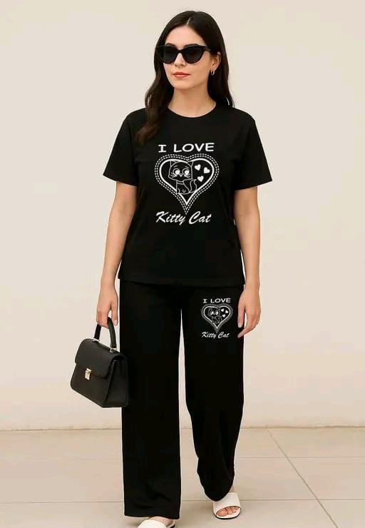 Women’s Casual Black Co-ord Set – “I Love Kitty Cat” Print