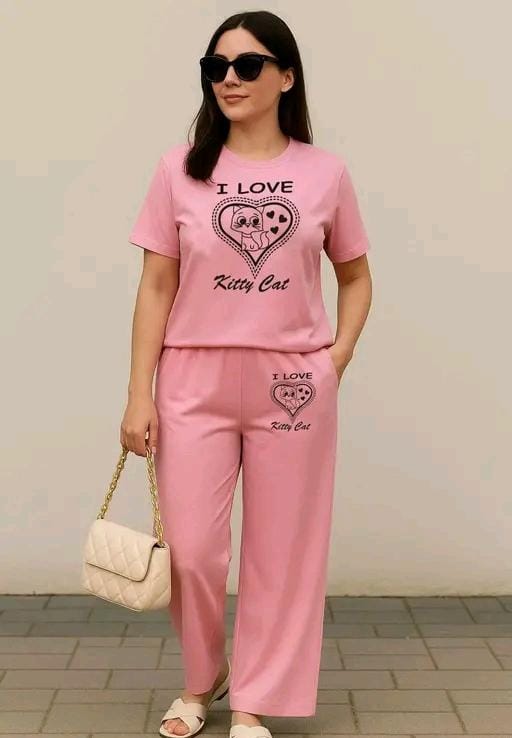 Women’s Casual Black Co-ord Set – “I Love Kitty Cat” Print