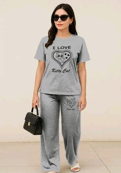 Women’s Casual Black Co-ord Set – “I Love Kitty Cat” Print