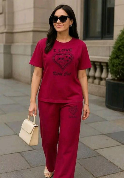 Women’s Casual Black Co-ord Set – “I Love Kitty Cat” Print