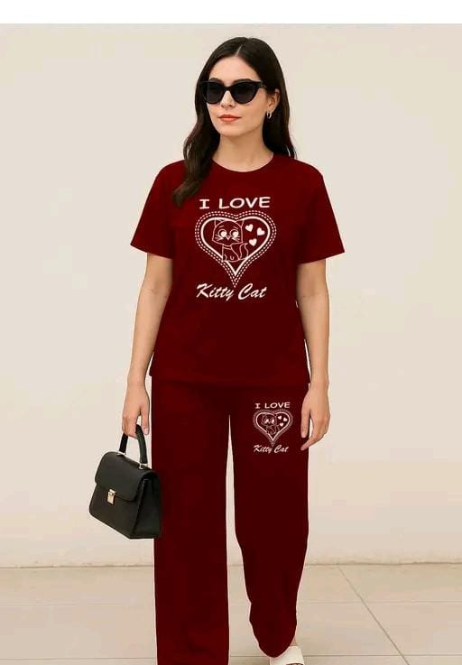 Women’s Casual Black Co-ord Set – “I Love Kitty Cat” Print