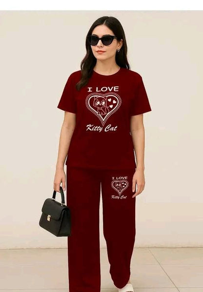 Women’s Casual Black Co-ord Set – “I Love Kitty Cat” Print