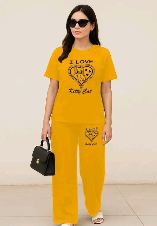 Women’s Casual Black Co-ord Set – “I Love Kitty Cat” Print
