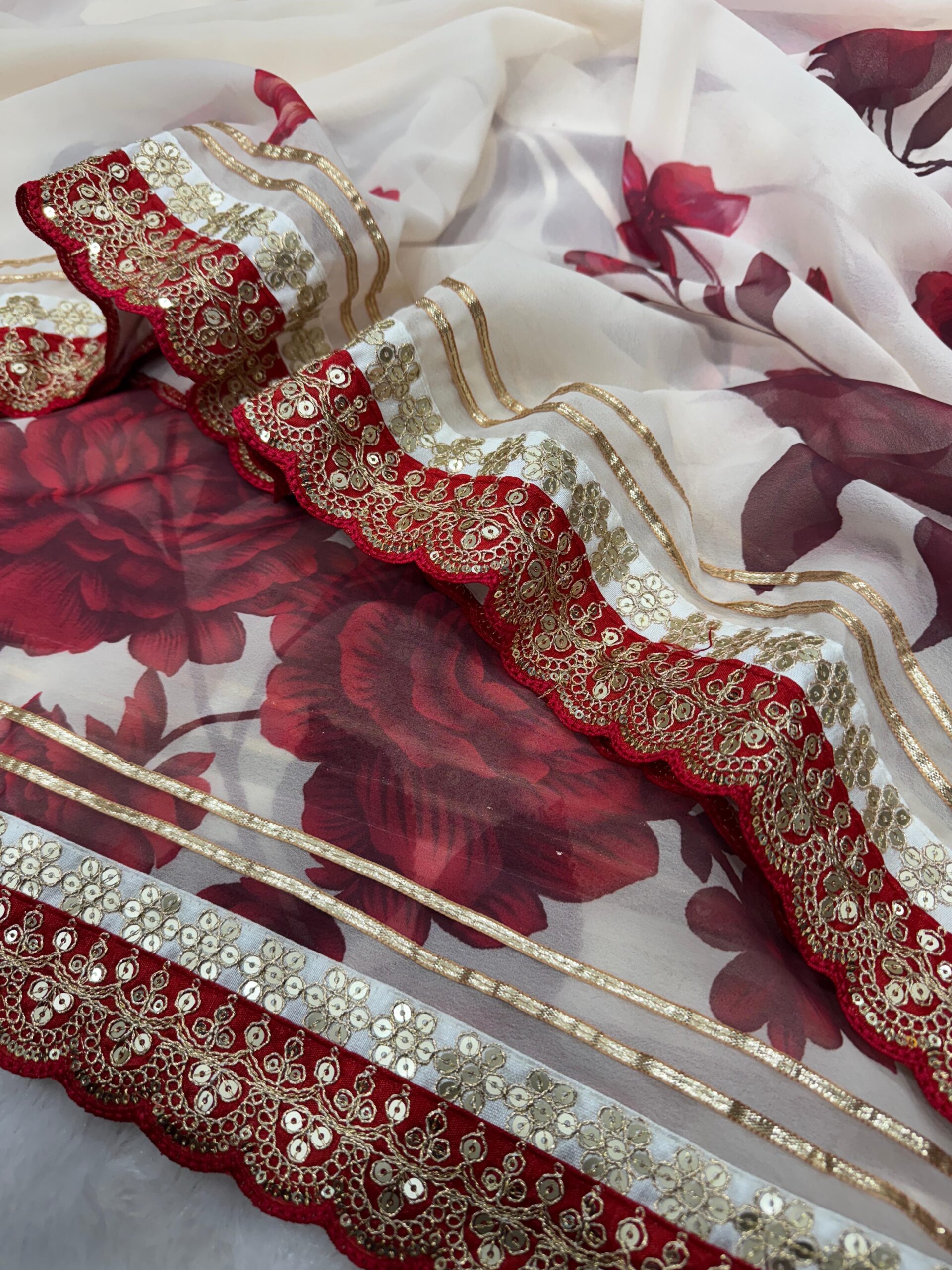 Soft Georgette Floral Printed Saree with Gota Patti Lace Border – NC-5551 - Image 8