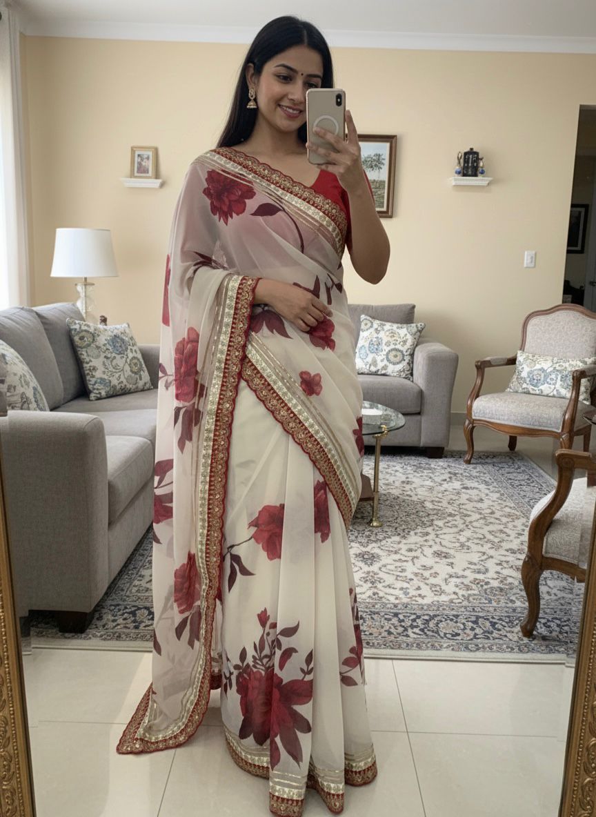 Soft Georgette Floral Printed Saree with Gota Patti Lace Border – NC-5551 - Image 4