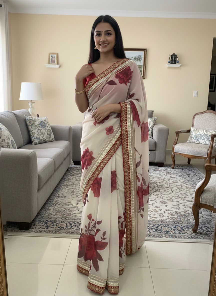 Soft Georgette Floral Printed Saree with Gota Patti Lace Border – NC-5551