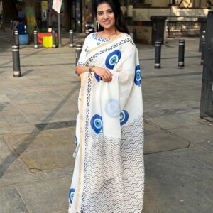 Heavy Linen Evil Eye Digital Print Saree with Gold Border