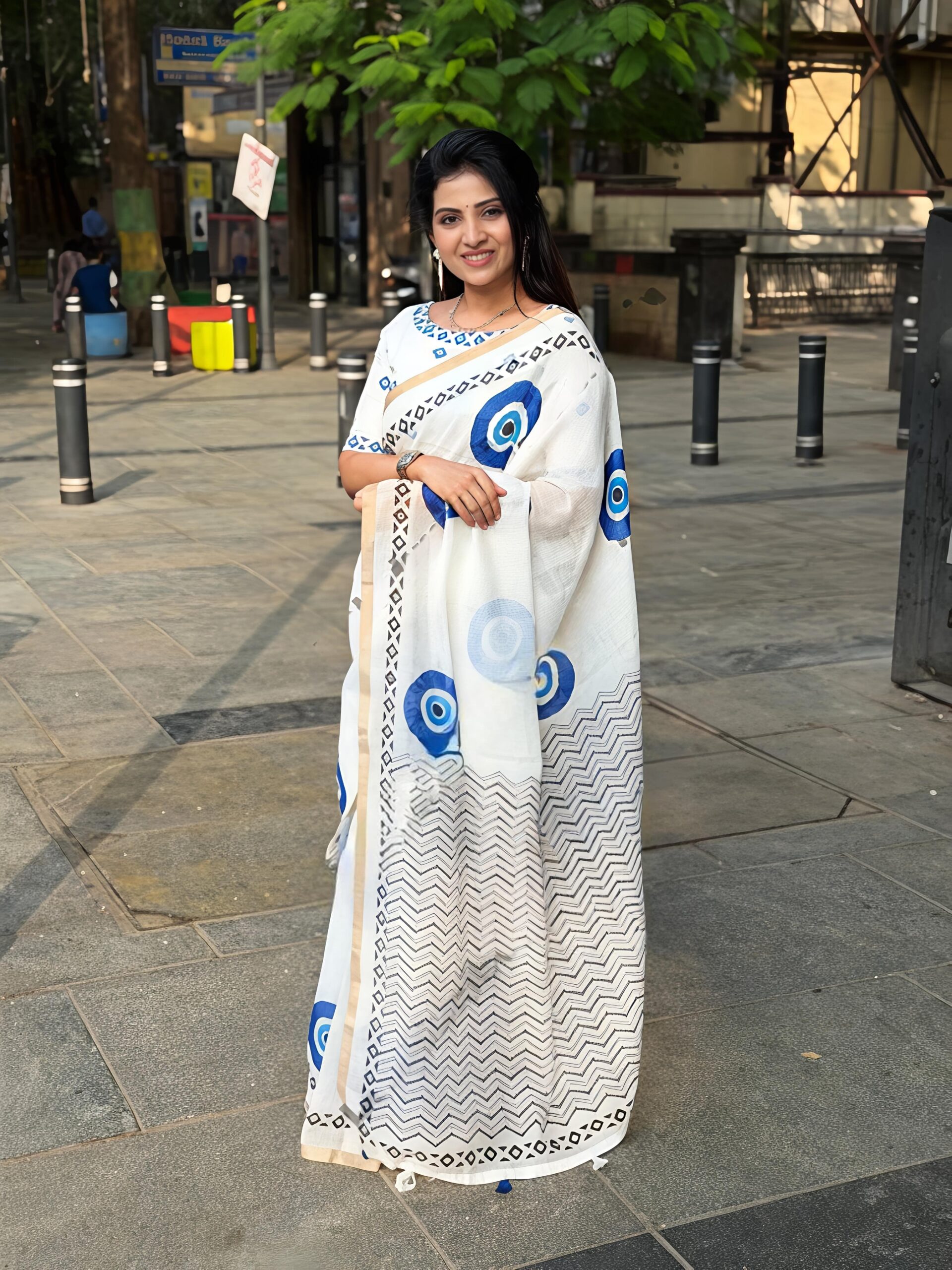 Heavy Linen Evil Eye Digital Print Saree with Gold Border